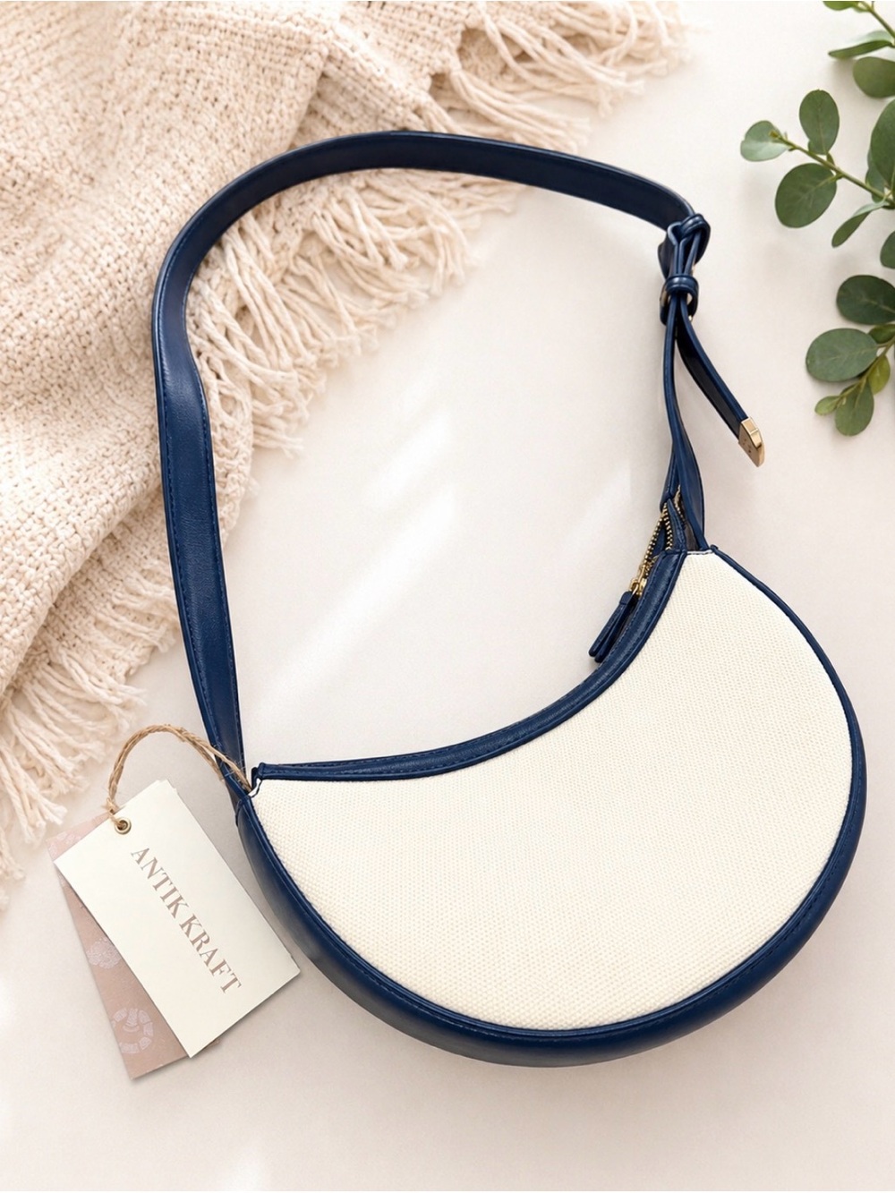 Antik Kraft Navy and Cream Crescent Shoulder Bag with Adjustable Strap